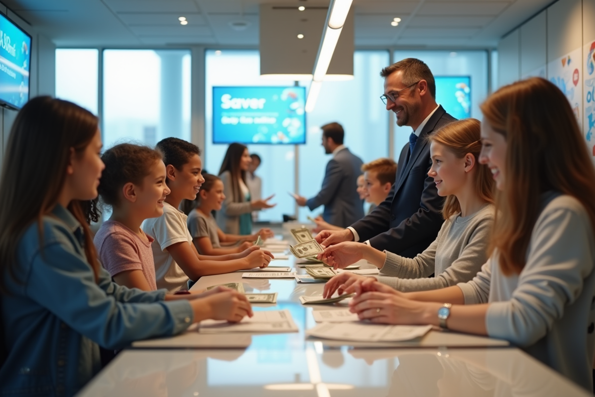 Groupe d enfants déposant de l argent à la banque avec un conseiller