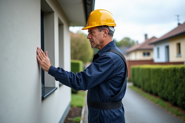 Chef de chantier inspectant la façade rénovée d'une maison