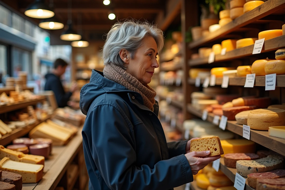 Femme achetant produits basques dans une épicerie locale