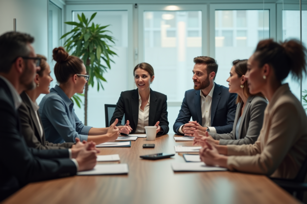 Groupe de six adultes en réunion d'équipe dynamique