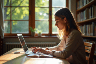 Étudiant à la bibliothèque avec ordinateur et lumière naturelle