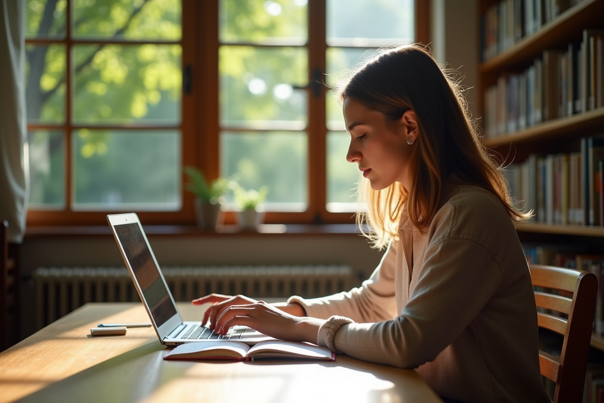 Étudiant à la bibliothèque avec ordinateur et lumière naturelle