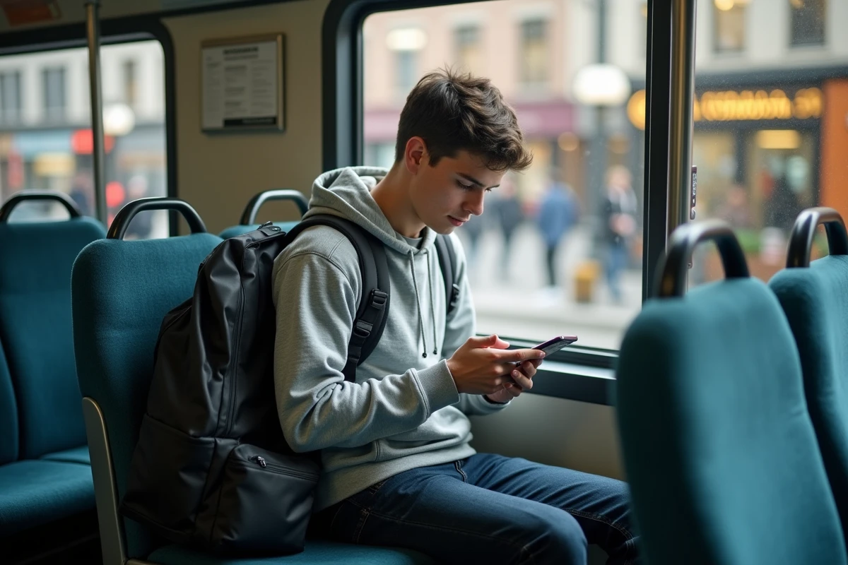 Étudiant assis dans le bus 92 consultant son application de transport en commun sur smartphone
