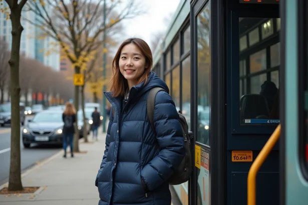 Étudiante descendant du bus ligne 92 devant l'entrée d'une université en milieu urbain