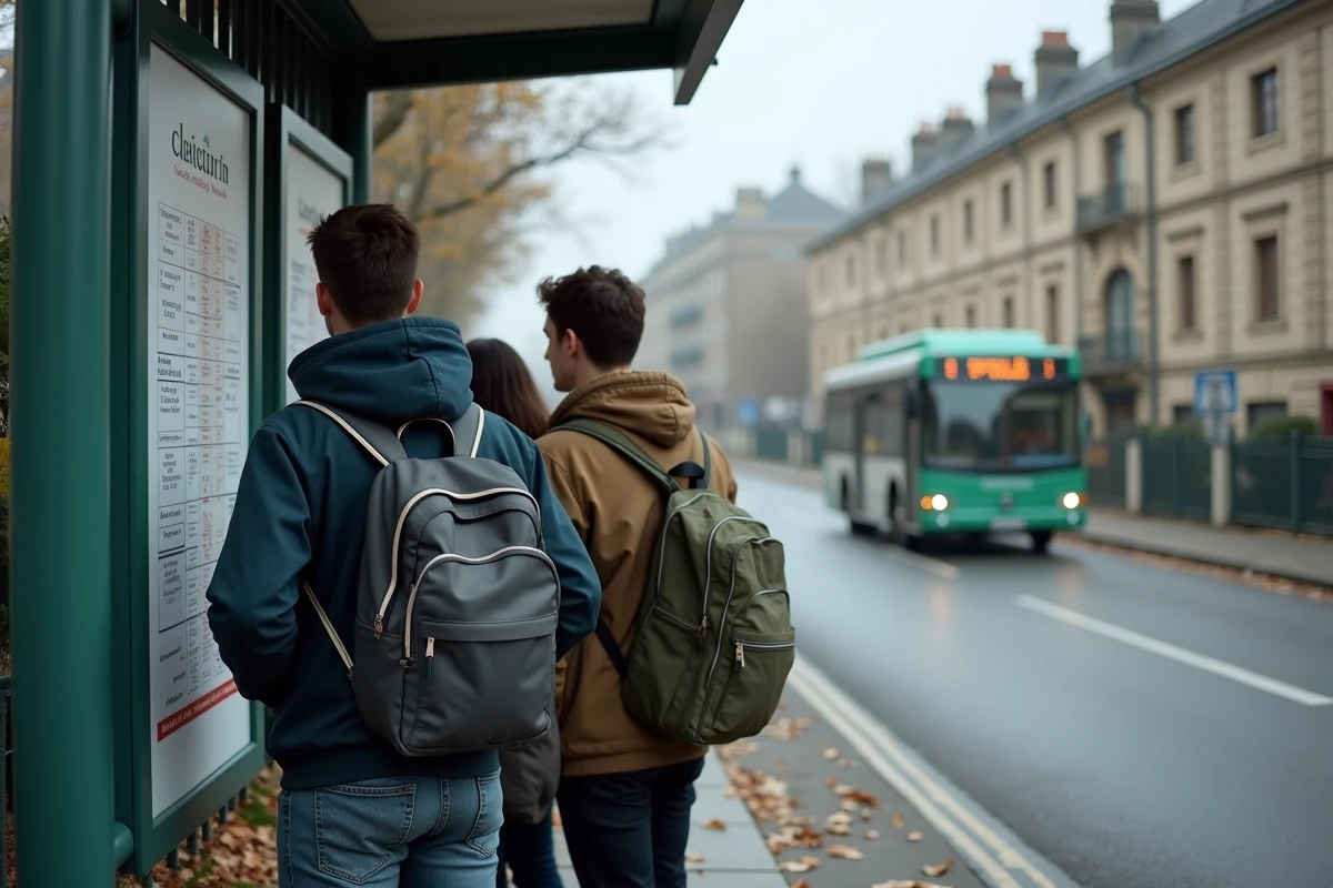 Groupe d'étudiants consultant le plan de la ligne de bus 92 à un arrêt proche d'un lycée