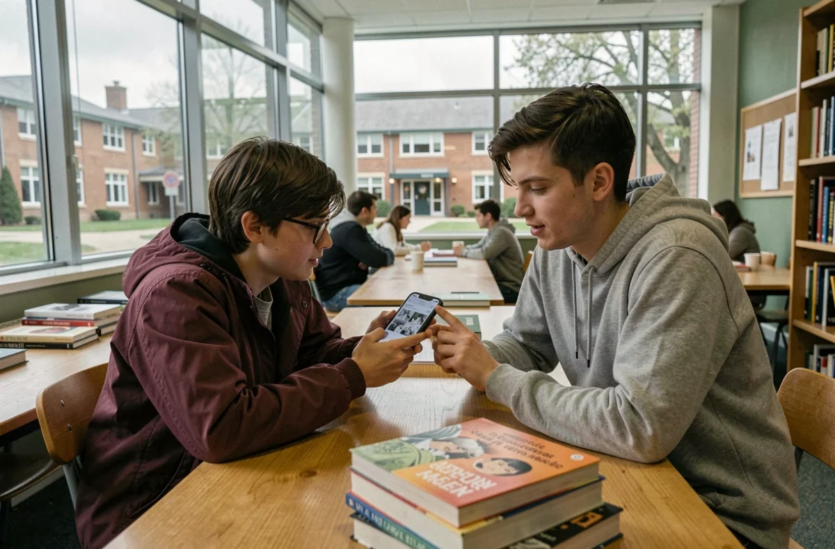 Deux étudiants consultant une application manga en français sur smartphone dans une salle commune universitaire, débat sur les plateformes légales VF