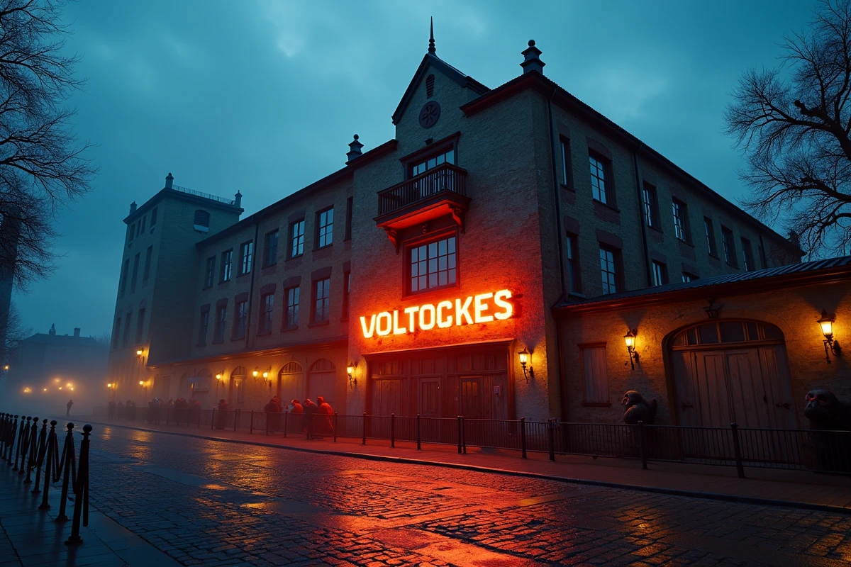 Façade extérieure d'une attraction Halloween extrême avec file d'attente de visiteurs au crépuscule en 2026