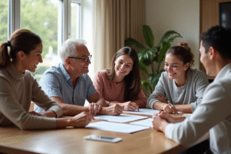 Famille diverse autour d'une table avec documents officiels