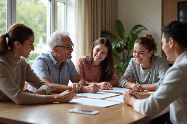 Famille diverse autour d'une table avec documents officiels