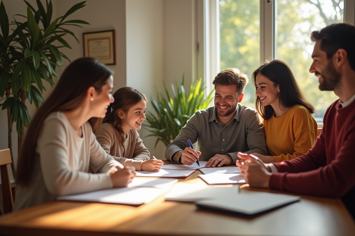 Famille signant des documents légaux avec un notaire dans un salon lumineux