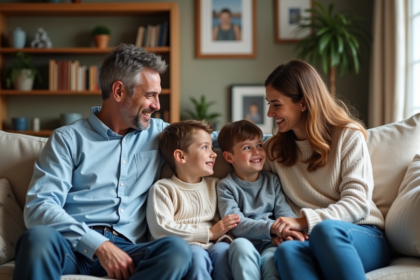 Famille traditionnelle de quatre assise sur un canapé chaleureux