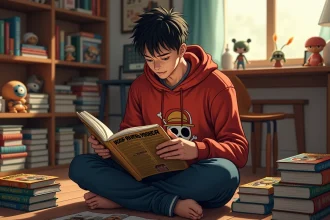 Jeune fan de manga lisant un tome de One Piece entouré de sa collection dans sa chambre