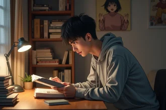Jeune fan de manga lisant un volume de One Punch Man à son bureau entouré de sa collection
