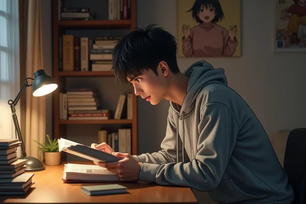 Jeune fan de manga lisant un volume de One Punch Man à son bureau entouré de sa collection