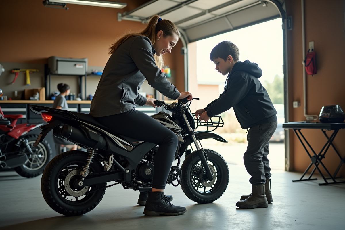 Femme ajustant un porte-bagages sur Yamaha PW50 dans un garage