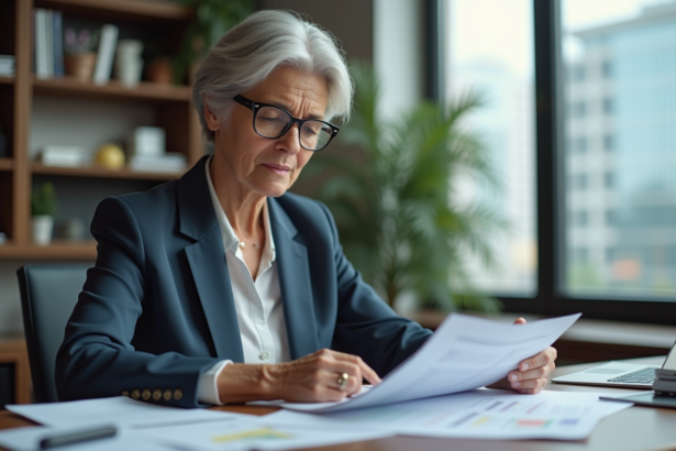 Femme d age moyen lisant des documents financiers dans un bureau