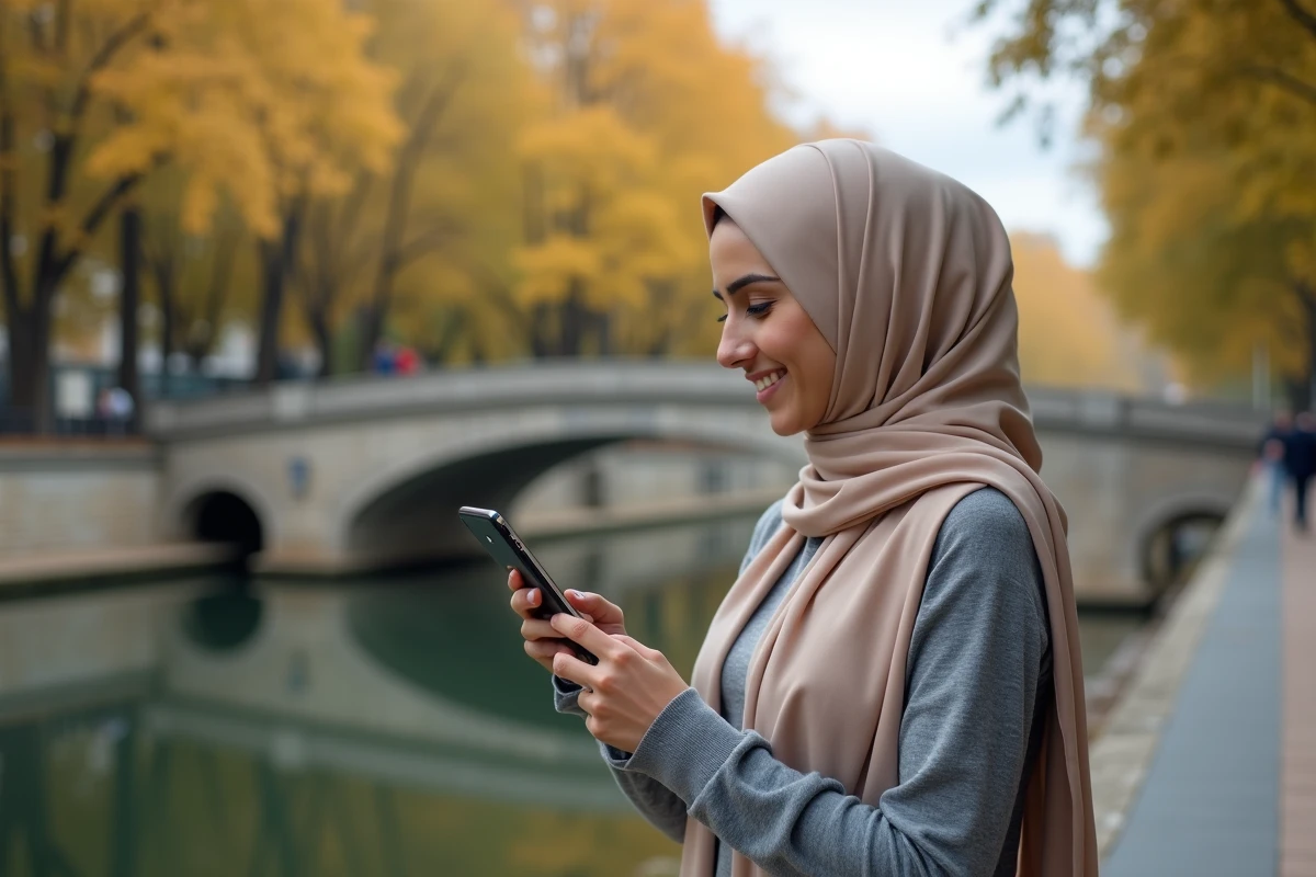 Femme musulmane utilisant une application de prière sur smartphone au bord du Canal de la Robine à Narbonne