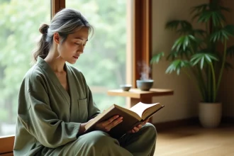Femme asiatique âgée lisant un proverbe chinois dans un carnet au lever du jour dans un intérieur zen japonais