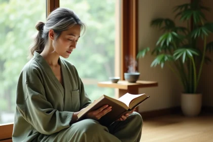 Femme asiatique âgée lisant un proverbe chinois dans un carnet au lever du jour dans un intérieur zen japonais