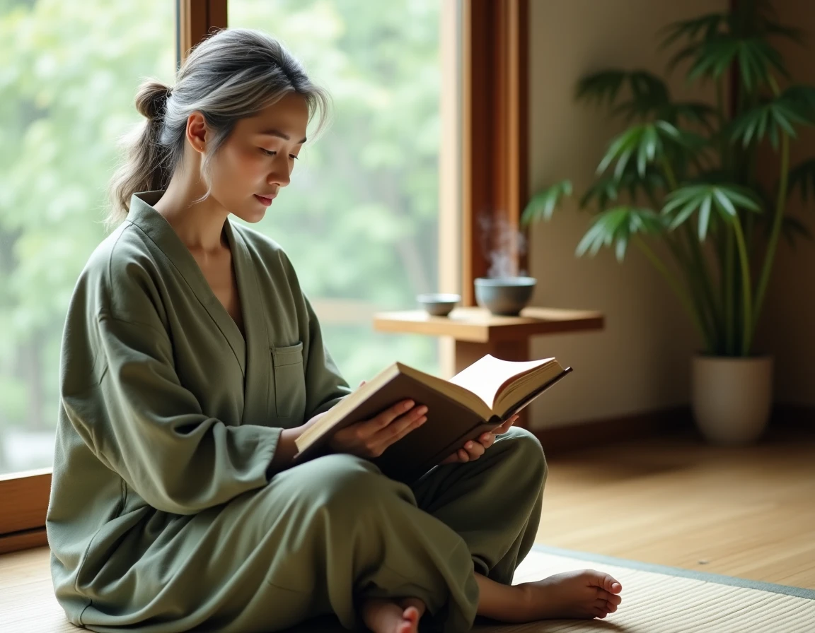 Femme asiatique âgée lisant un proverbe chinois dans un carnet au lever du jour dans un intérieur zen japonais