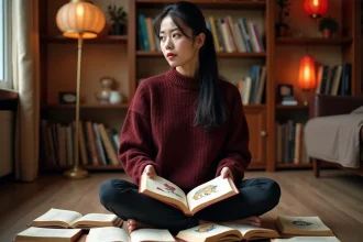 Femme d'origine asiatique étudiant les symboles du zodiaque chinois entourée de livres d'astrologie, illustrant le signe astrologique chinois 1993