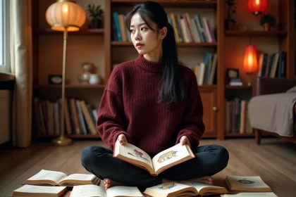 Femme d'origine asiatique étudiant les symboles du zodiaque chinois entourée de livres d'astrologie, illustrant le signe astrologique chinois 1993