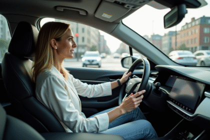 Femme d'affaires dans une voiture autonome en ville