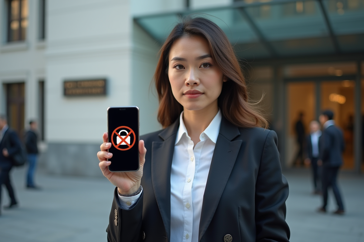 Femme en costume devant un bâtiment officiel avec symbole VPN barré