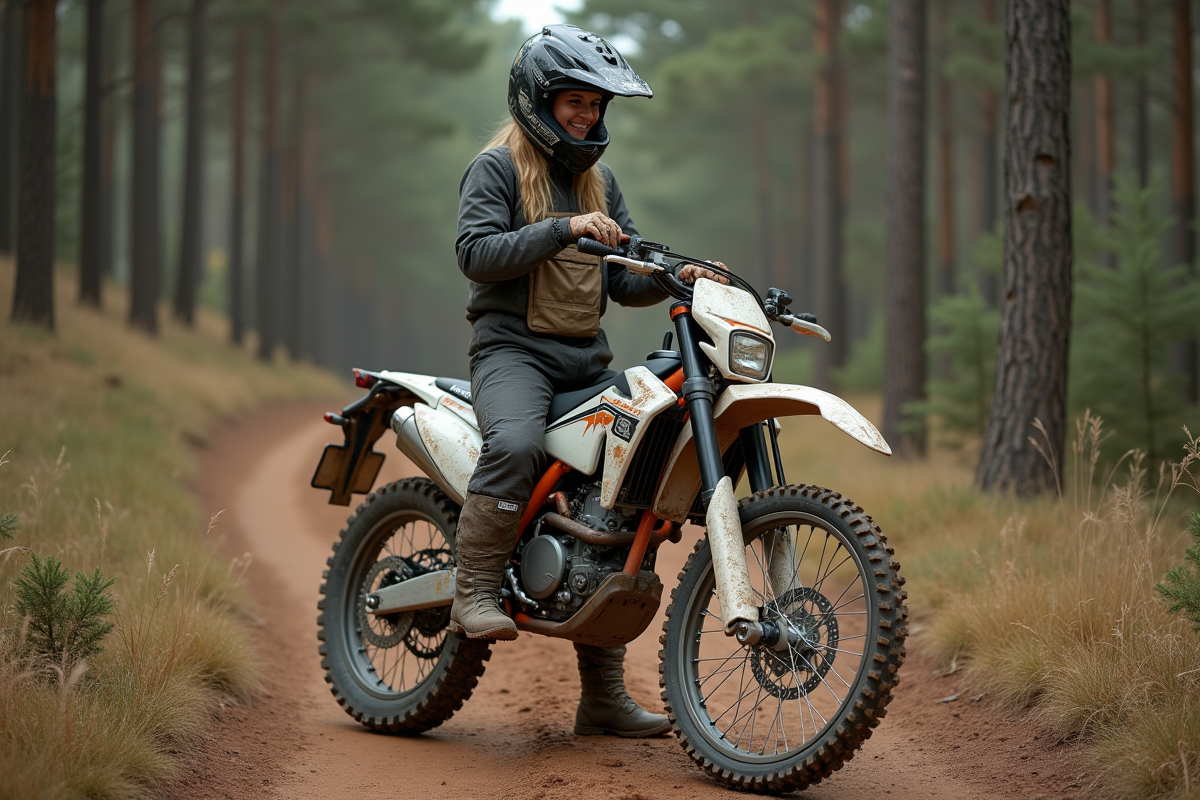 Femme aventuriere debout près de sa moto Dirt 250 CRZ en forêt