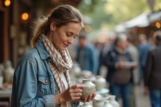 Femme examinant une porcelaine dans une brocante en plein air