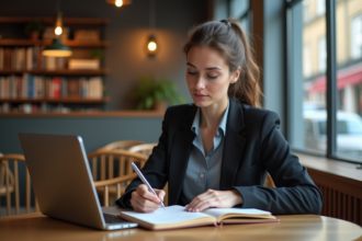 Femme concentrée au bureau avec ordinateur et notes