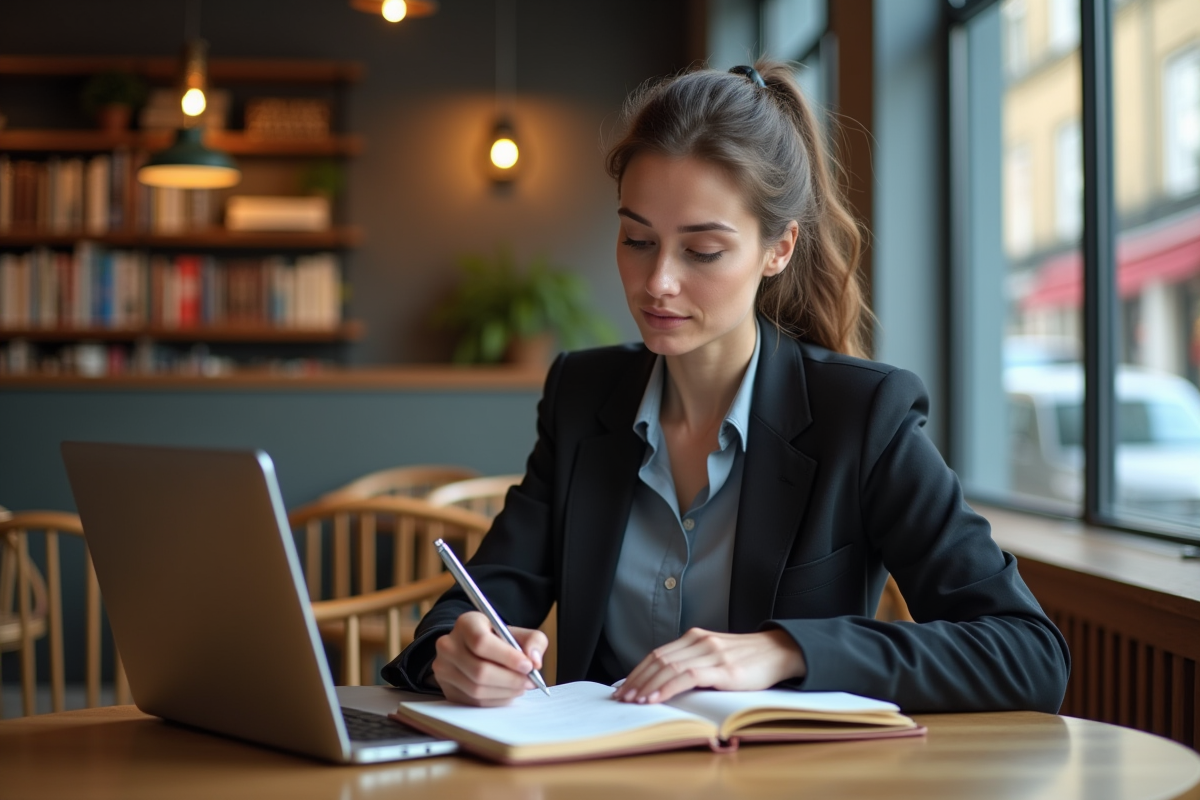 Femme concentrée au bureau avec ordinateur et notes