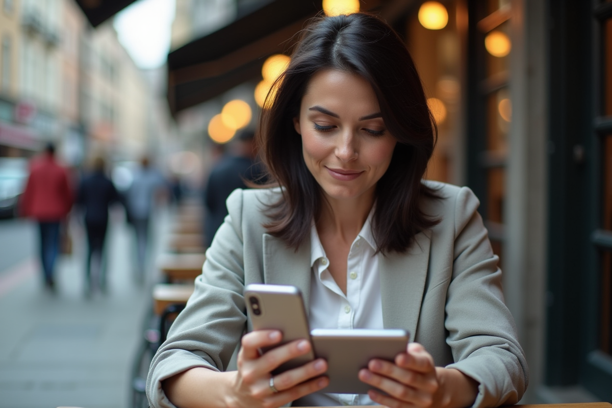 Femme utilisant smartphone et tablette dans un café en ville