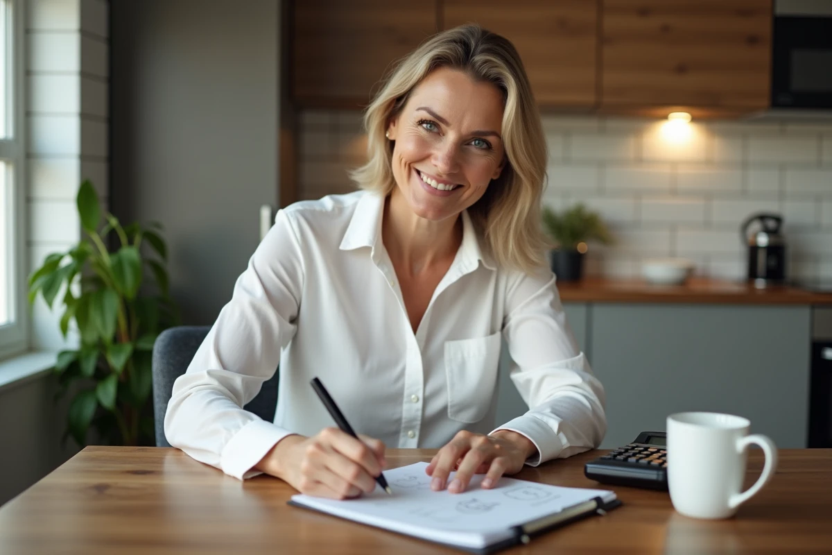 Femme concentrée écrivant des conversions de miles et kilomètres à la maison