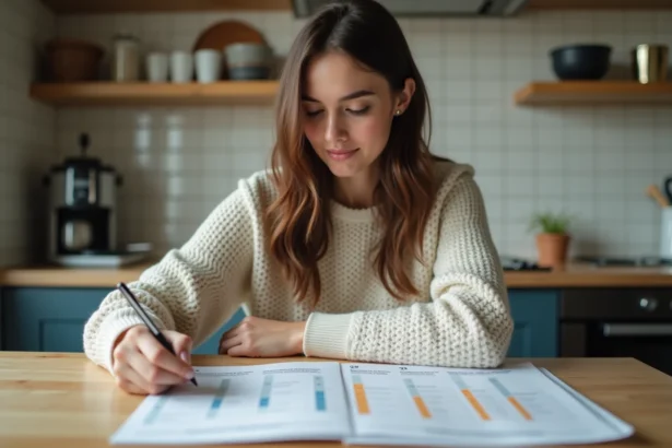 Jeune femme regarde un calendrier 2026 dans une cuisine chaleureuse