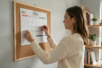 Femme accrochant un calendrier scolaire 2026 imprimé sur un tableau en liège dans un bureau à domicile organisé