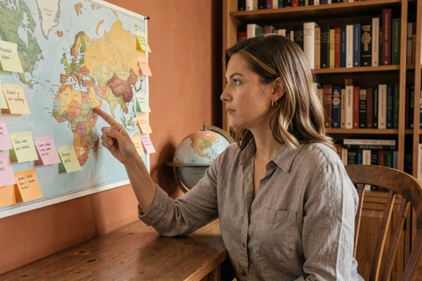 Femme consultant une carte du monde pour comprendre les fuseaux horaires GMT+2 dans un bureau chaleureux