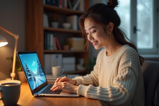 Jeune femme entrant un code cadeau exclusif sur un ordinateur portable lors d'un événement gaming hivernal Code Whiteout Survival 2026