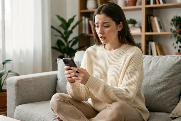 Jeune femme consultant les likes sur l'application Fruitz gratuitement depuis son canapé