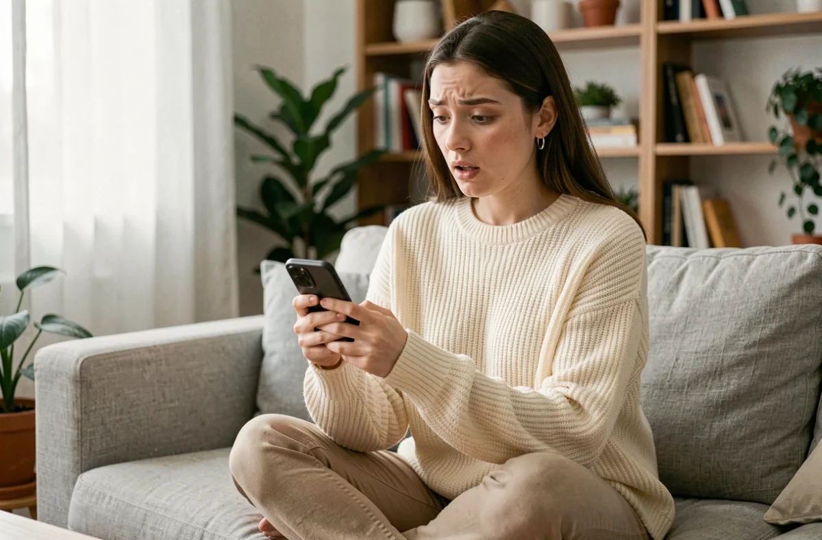 Jeune femme consultant les likes sur l'application Fruitz gratuitement depuis son canapé