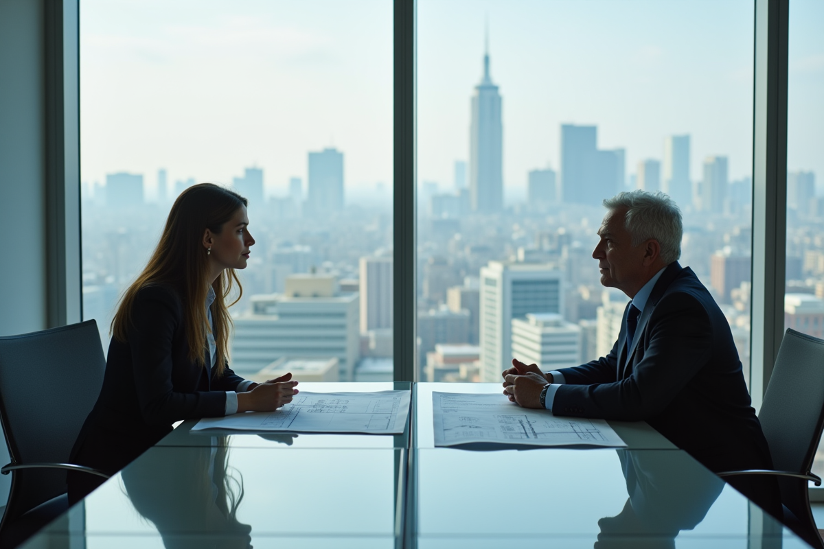 Femme discutant avec un mentor dans une salle de réunion avec vue urbaine