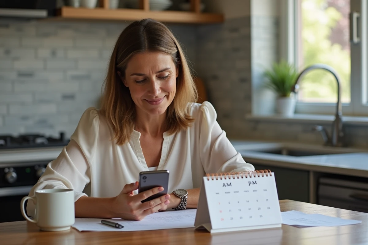 Femme d'âge moyen regardant son calendrier dans la cuisine