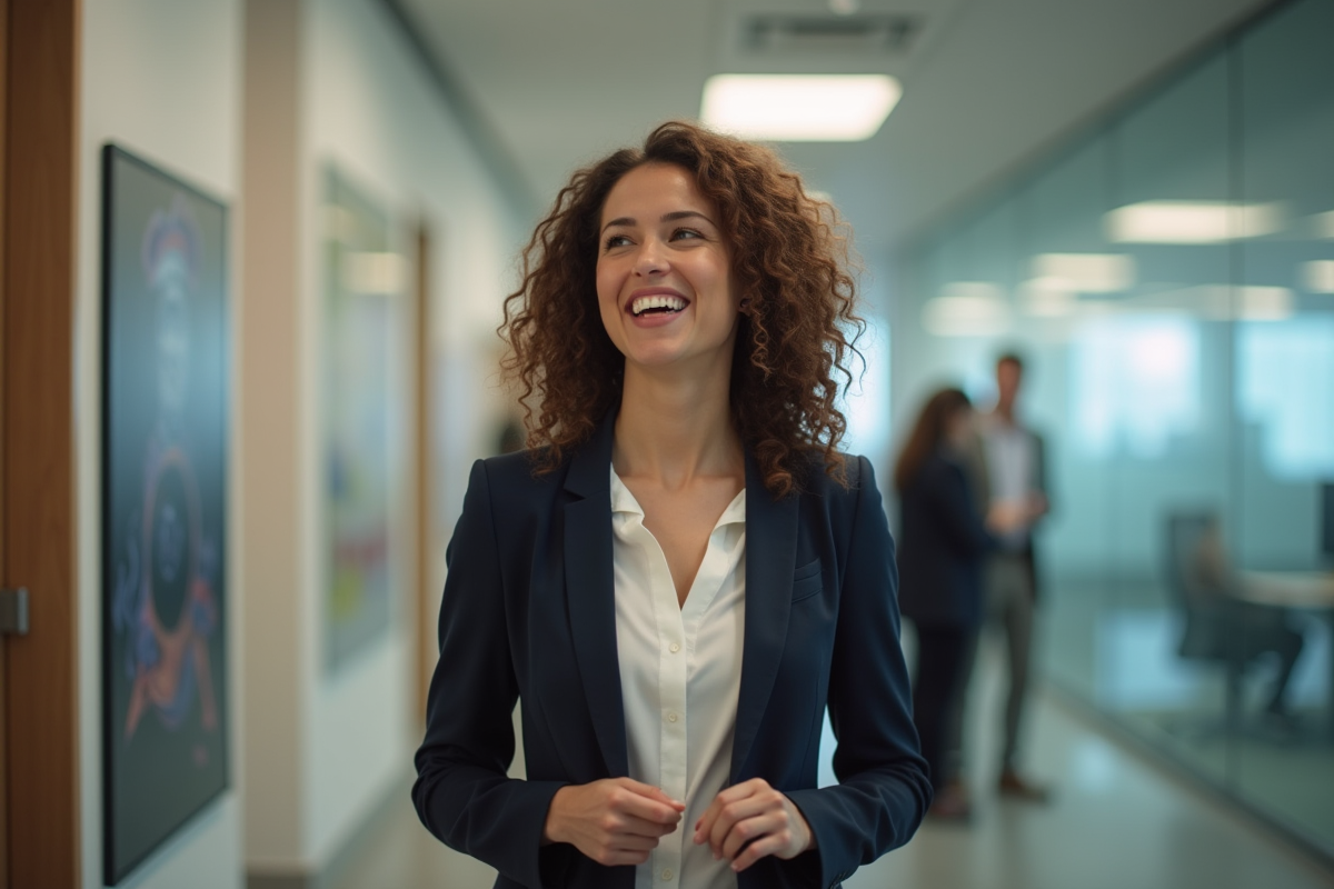 Femme en blazer dans un couloir de bureau en pleine discussion