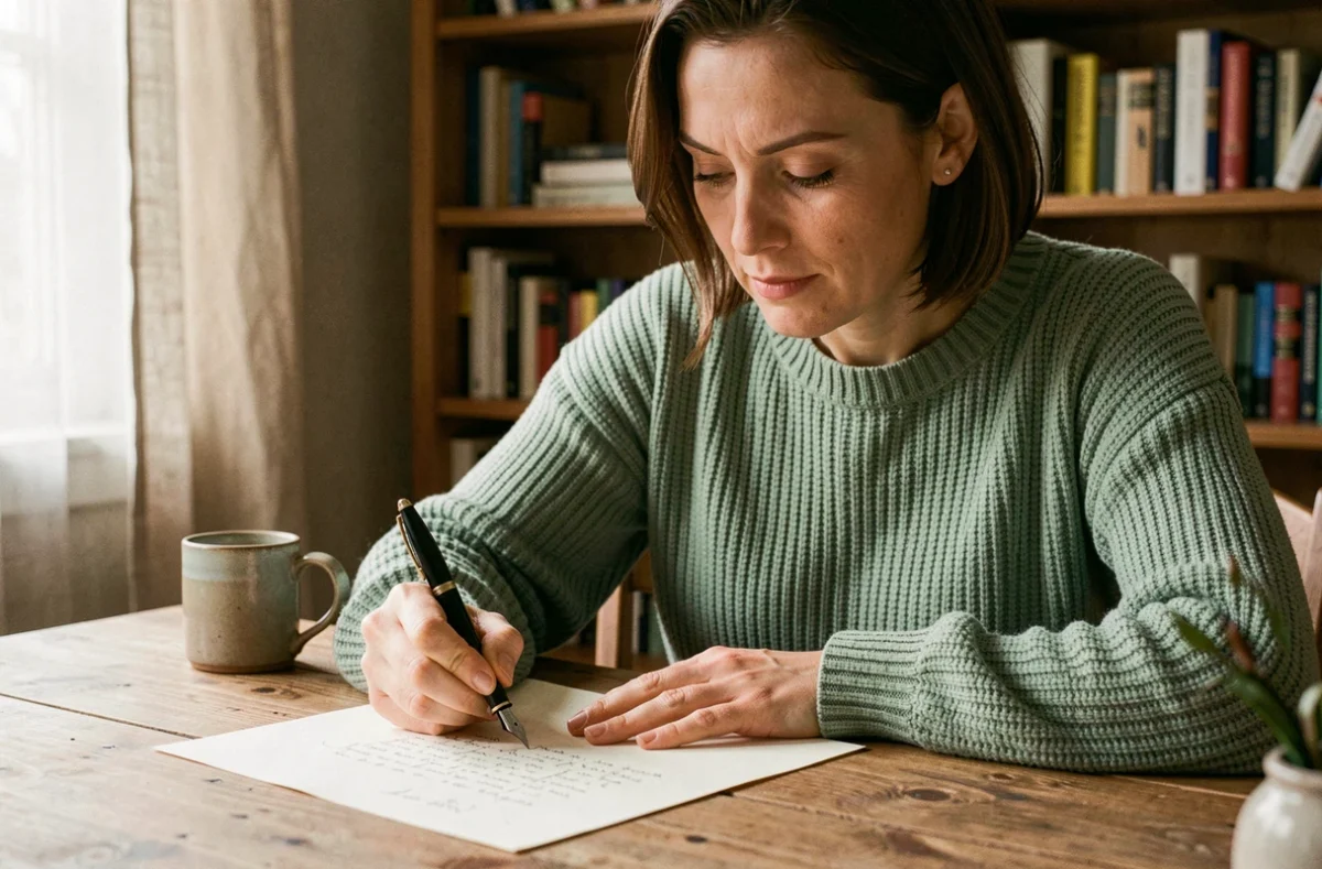 Femme écrivant une lettre d'amitié sincère à la main sur du papier crème avec un stylo plume, assise dans un intérieur chaleureux et cosy