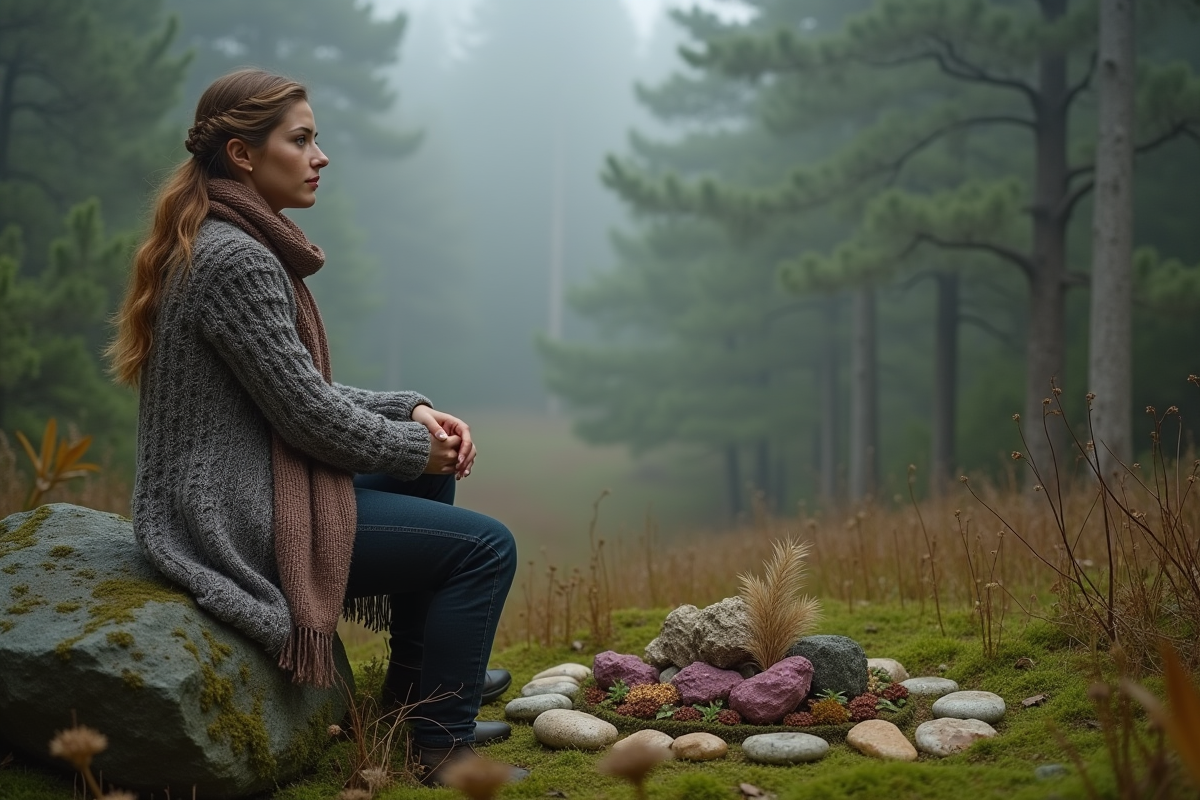 Jeune femme contemplant des plantes dans la forêt brumeuse