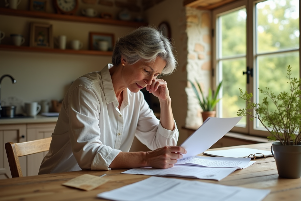 Femme française examine un document fiscal dans une cuisine lumineuse