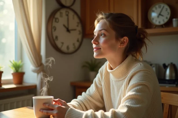 Jeune femme contemplant une horloge affichant 05h55 dans une cuisine cosy au petit matin, atmosphère douce et introspective