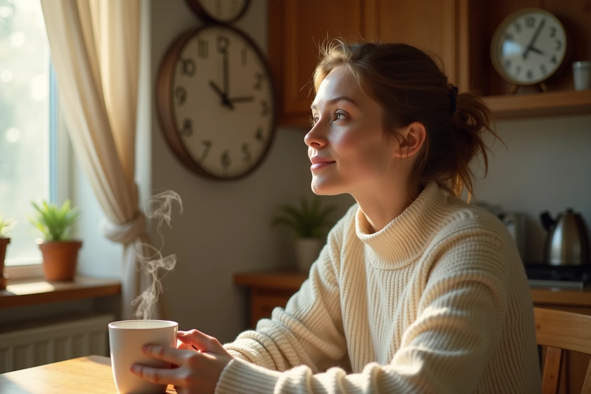 Jeune femme contemplant une horloge affichant 05h55 dans une cuisine cosy au petit matin, atmosphère douce et introspective