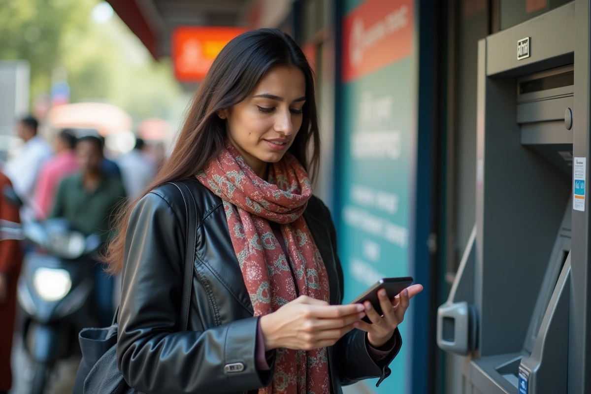 Jeune femme indienne utilisant un distributeur automatique en ville