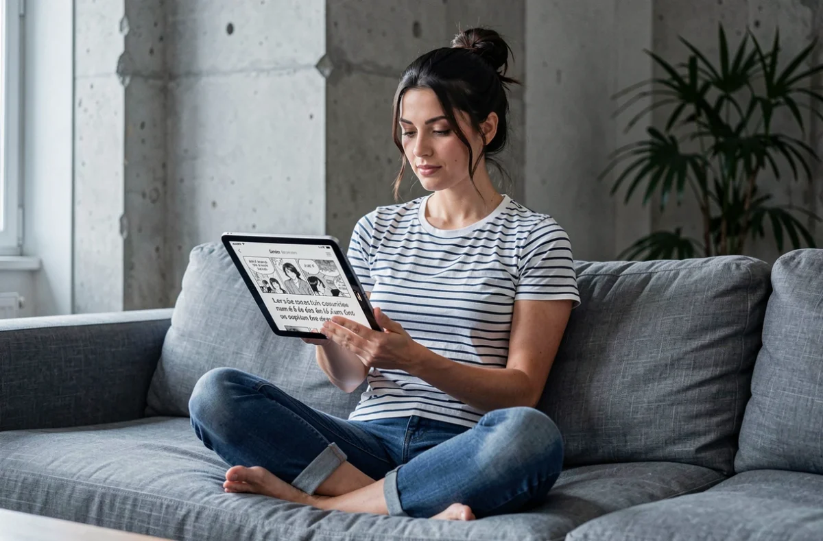 Femme lisant un manga en VF sur tablette numérique dans un appartement moderne, thème des plateformes légales de lecture